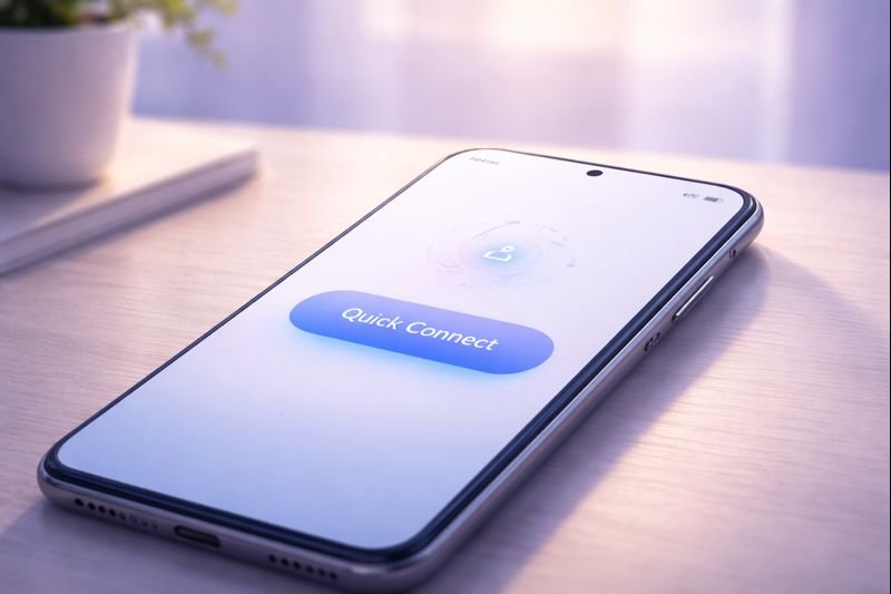 a minimalist app interface with a single “Quick Connect” button, soft gradients, calm spacing, no clutter