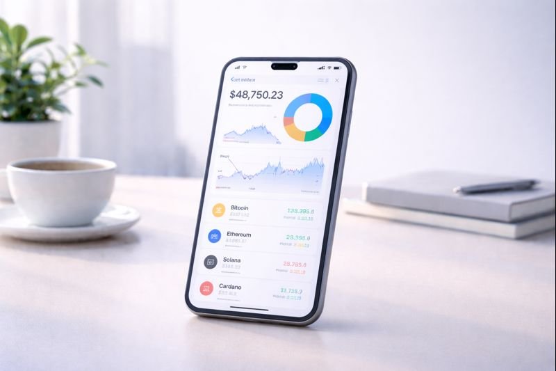 a minimalist crypto tracker resembling a tidy desk with charts aligned neatly