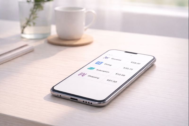 a minimalist expense list on a phone, white background, soft shadows