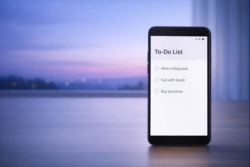 a minimalist phone UI mockup showing a short to-do list with three items, lots of white space, and subtle typography