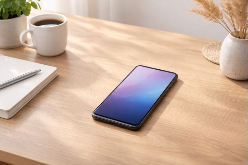 a minimalist phone screen on a wooden desk, soft light, no clutter