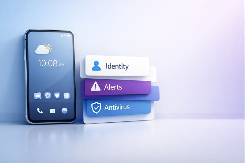minimalist phone screen with a few extra stacked cards labeled “identity,” “alerts,” “antivirus,” suggesting added layers without clutter
