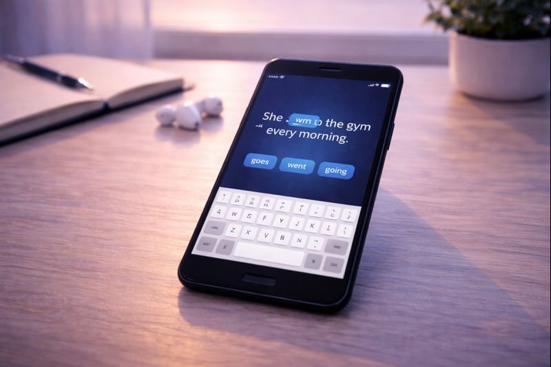 a minimalist typing interface showing a single blank in a sentence