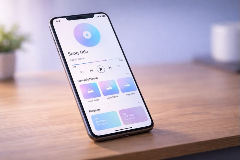 a modern, minimalist music app UI with soft gradients and balanced spacing