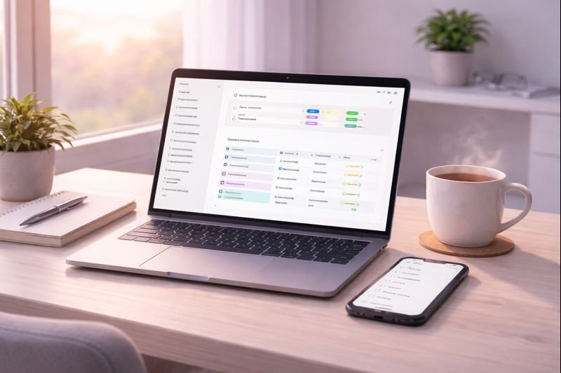 a modular digital workspace with pages, toggles, and a database table, soft whites and grays