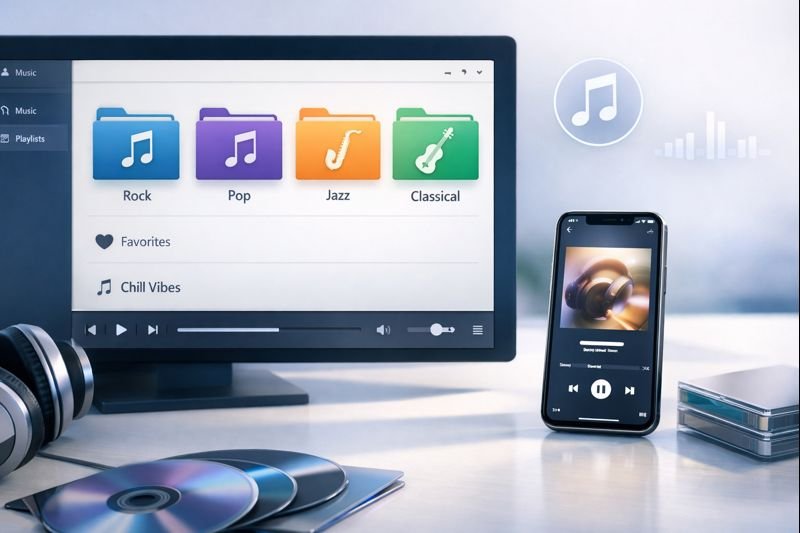 a neatly categorized offline music library with folders and subtle UI accents