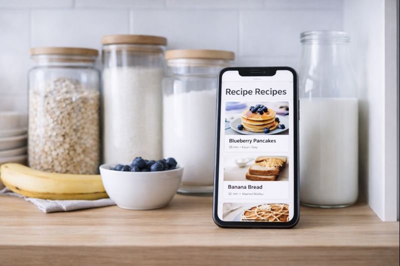 a pantry scene with common ingredients and a phone showing simple recipe results