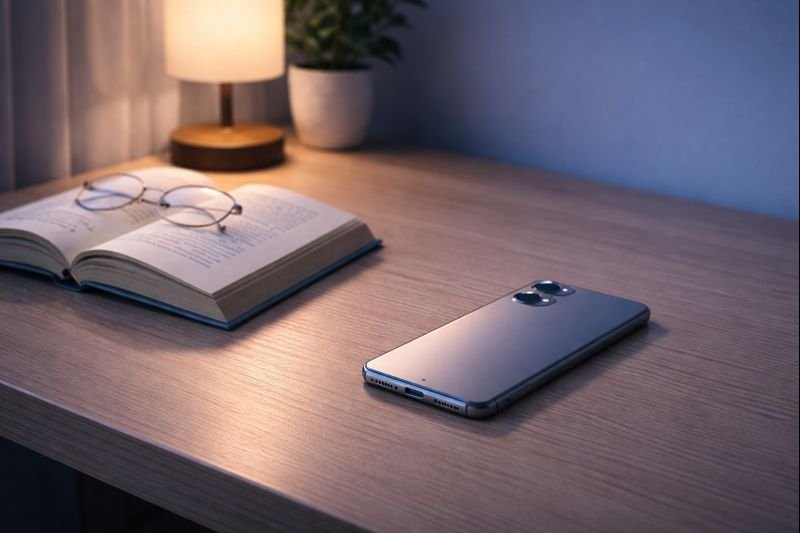 a peaceful night scene with a phone resting face down beside an open book, soft shadows, and a sense of quiet completion