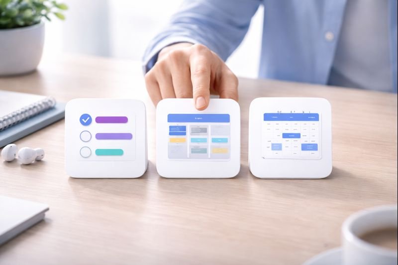 a person choosing between three simple app icons on a table, each with a different mood list, board, calendar