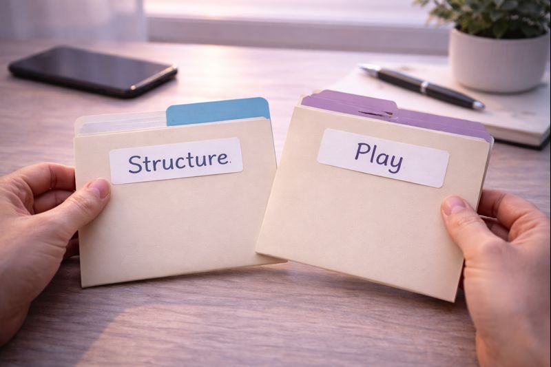 a person choosing between two neatly labeled folders “Structure” and “Play,” soft neutral colors