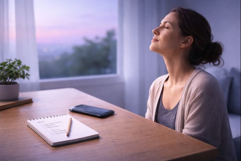 a person exhaling slowly beside a window, phone face down, a checked-off list nearby