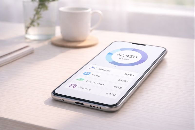 a phone displaying a clean budget overview, soft gradient background, calm lighting