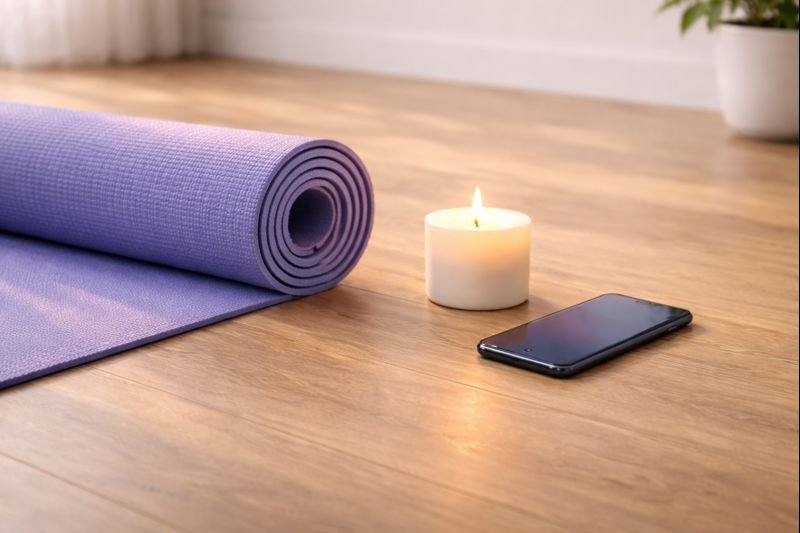 a phone resting face down beside a candle and yoga mat