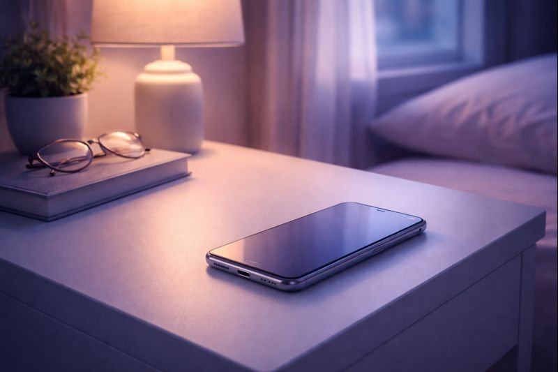 a phone resting on a bedside table during evening light