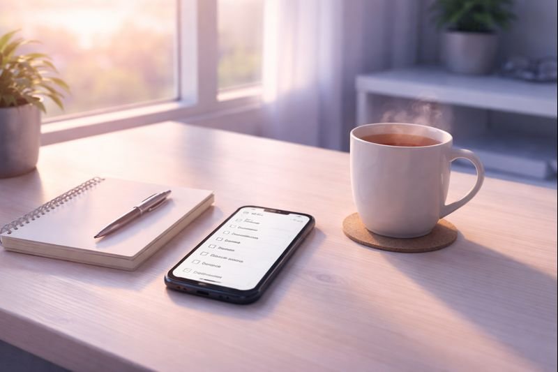 a quiet desk at sunrise, a single notebook, a phone with a clean task list open, a warm mug of tea, gentle window light, and a sense of uncluttered space