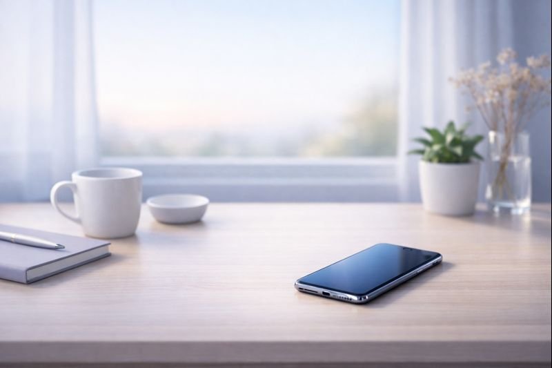 a quiet desk by a window with a phone resting face up, soft morning light, minimal objects, calm neutral tones