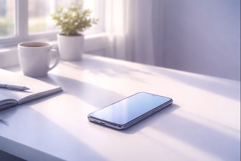 a quiet desk near a window, morning light falling across a simple phone screen, soft shadows, sense of stillness