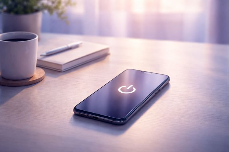 a quiet desk with a phone on it, a single on/off switch icon reflected softly on the screen, morning light, minimal objects, calm atmosphere]