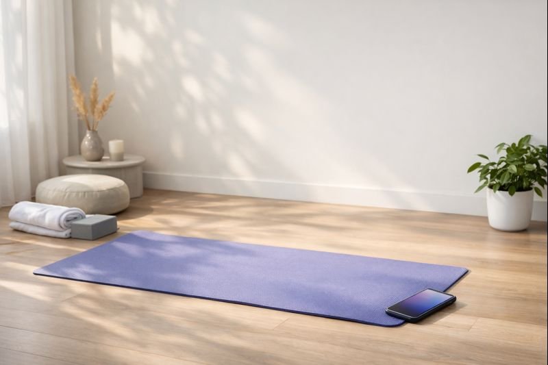 a quiet sunlit room with a yoga mat on the floor, soft shadows, minimal decor
