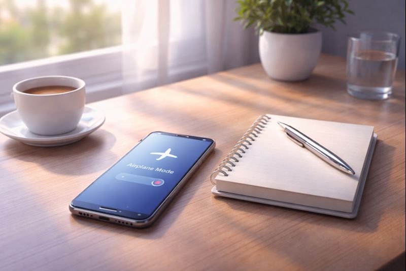 a quiet wooden desk by a window, a phone in airplane mode beside a small notebook and pen, soft morning light