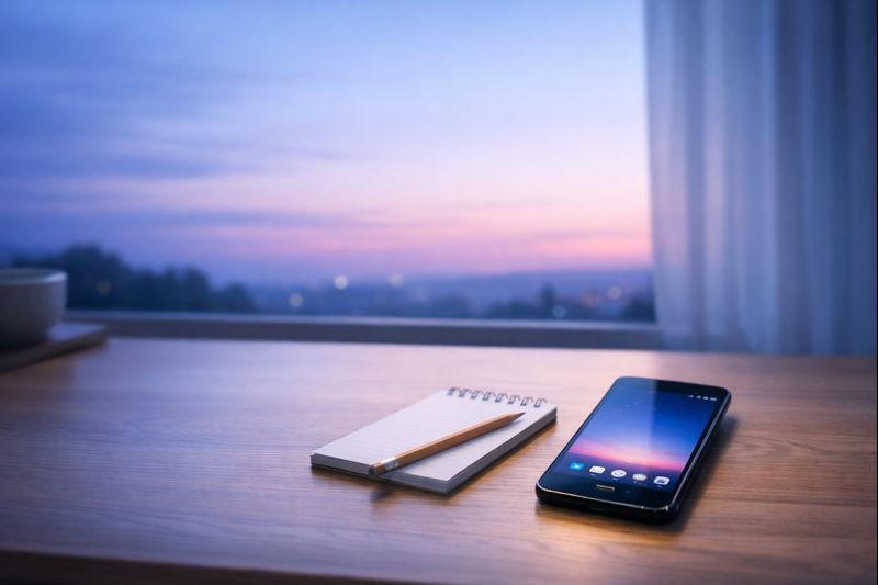a quiet wooden desk by a window at dawn, with an Android phone beside a small notepad and a single pencil; soft light, a sense of calm and space