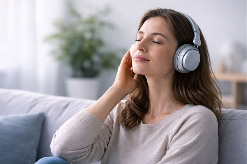 a serene image of someone sitting quietly with headphones, eyes closed, soft natural light