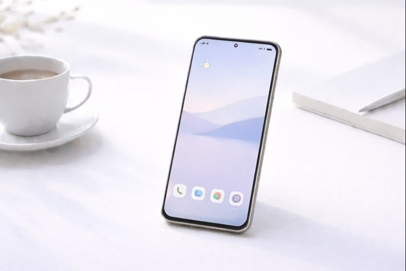 a serene minimalist home screen with soft light and minimal icons