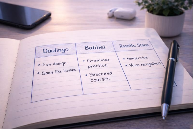 a simple 3-column chart sketched on paper, with app names and short notes