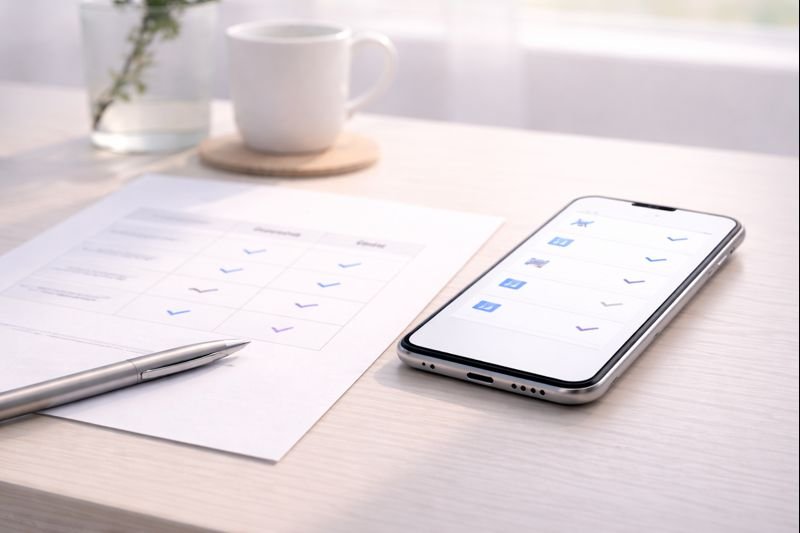 a simple comparison table on paper beside a phone, soft daylight