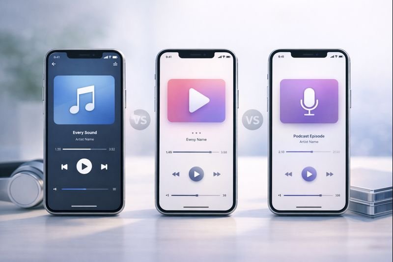 a simple comparison visual showing three music apps side by side in a neutral, editorial style