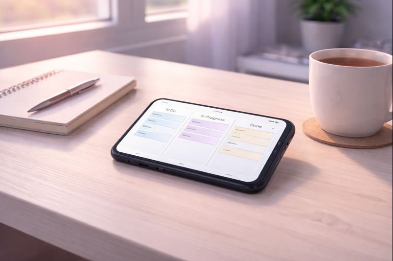 a simple kanban board on a phone, three columns with a few soft-colored cards, minimalist interface