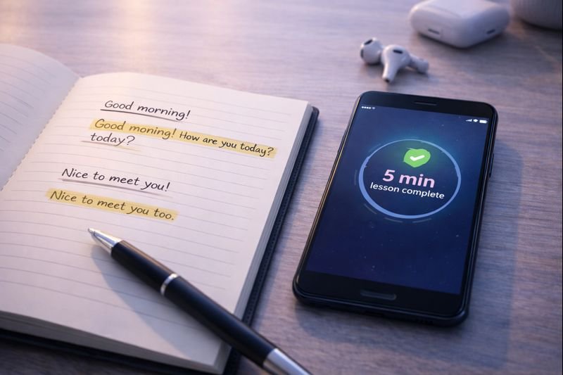 a simple notebook page with two short dialogues highlighted, a phone nearby showing a “5 min lesson complete” badge