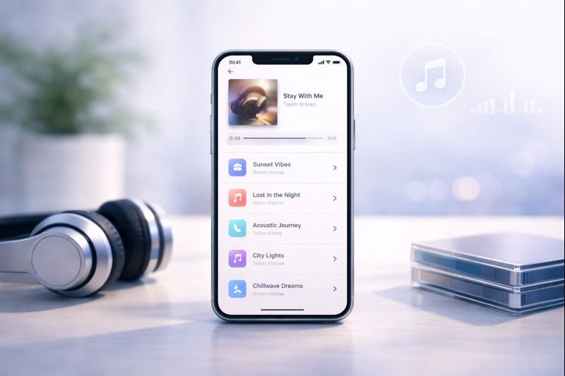 a simple offline music player interface with a neutral color palette and neatly organized song list