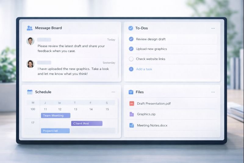 a simple project home message board, to-dos, schedule, and files together in one screen