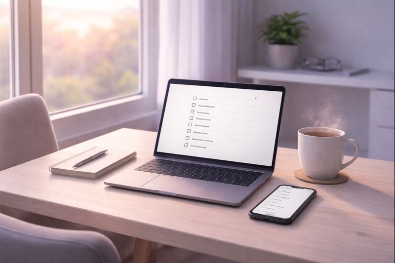 a single chair by a window, soft light on a laptop with a simple checklist on screen, calm neutral tones