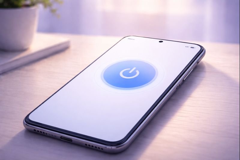 a single large circular “power” button on a minimalist VPN screen, calm background, lots of negative space