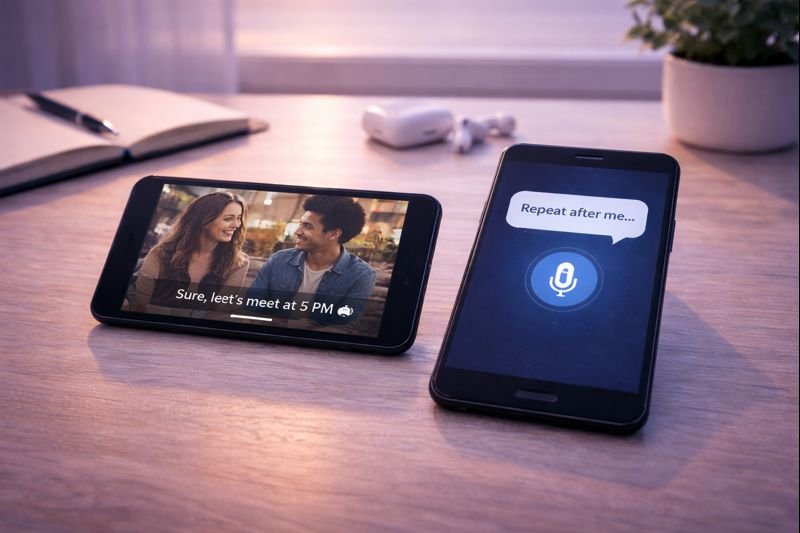 a small TV scene playing on a phone with subtitles, a second phone showing a short “repeat after me” bubble