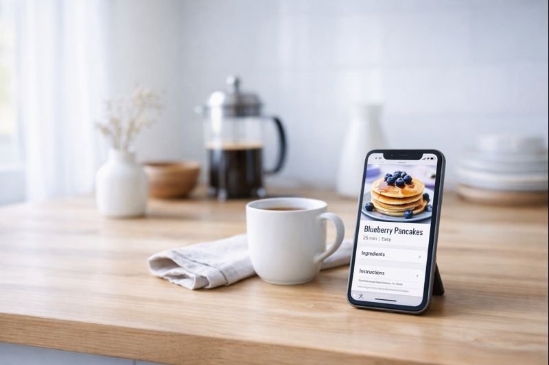 a soft, minimal kitchen scene with natural light, a wooden counter, a single open recipe app on a phone, and a feeling of quiet morning calm