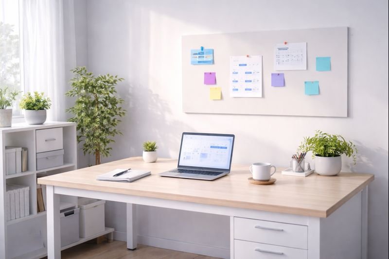 a spacious studio with a clean table, a few pinned notes on a wall, and soft afternoon light