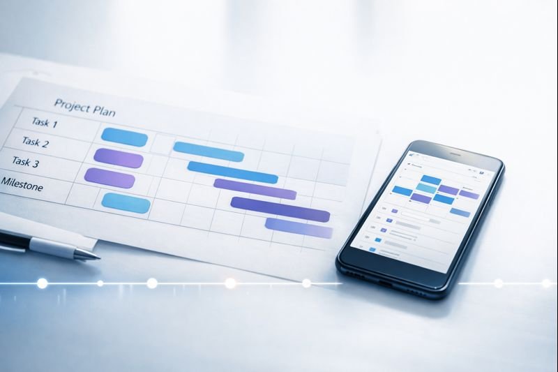 a structured project plan with sections and due dates, simple color accents, timeline implied
