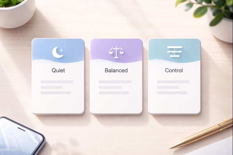 a three minimalist cards on a table labeled “Quiet,” “Balanced,” and “Control,” soft shadows, neutral tones.