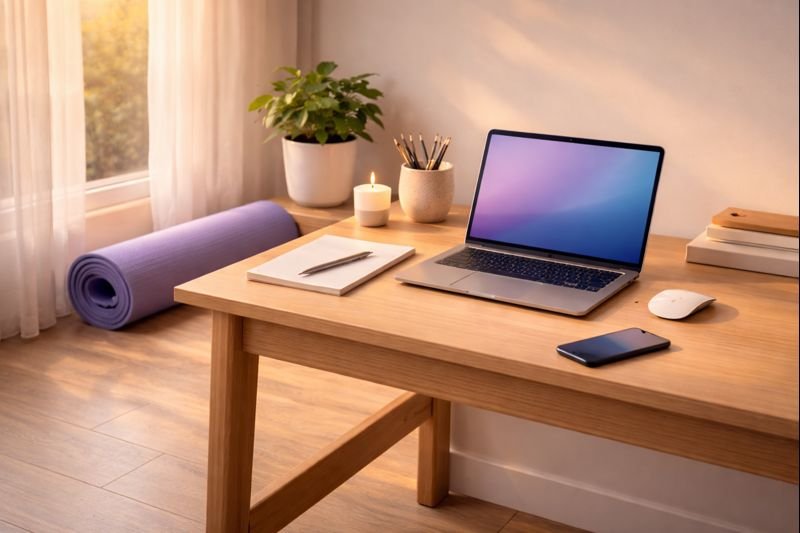 a tidy desk with a yoga mat rolled nearby, evening light