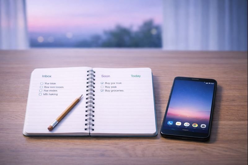 a tidy notebook with three short lists labeled “Inbox,” “Soon,” and “Today,” and a phone beside it