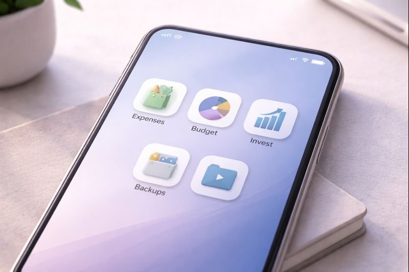 a tidy phone screen with three minimalist finance app icons and a small “Backups” folder, set against a neutral background