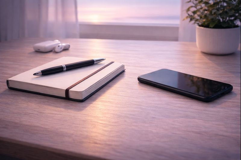 a tidy room at dusk, light falling on a closed notebook and a phone face-down, peaceful mood