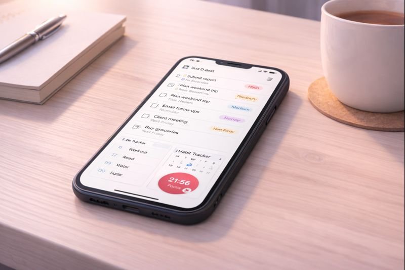 a to-do app screen showing tasks, a small calendar, a habit tracker, and a Pomodoro timer running