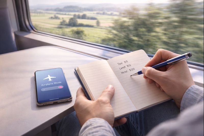 a traveler marking expenses in a small notebook on a train, phone in airplane mode, countryside passing by