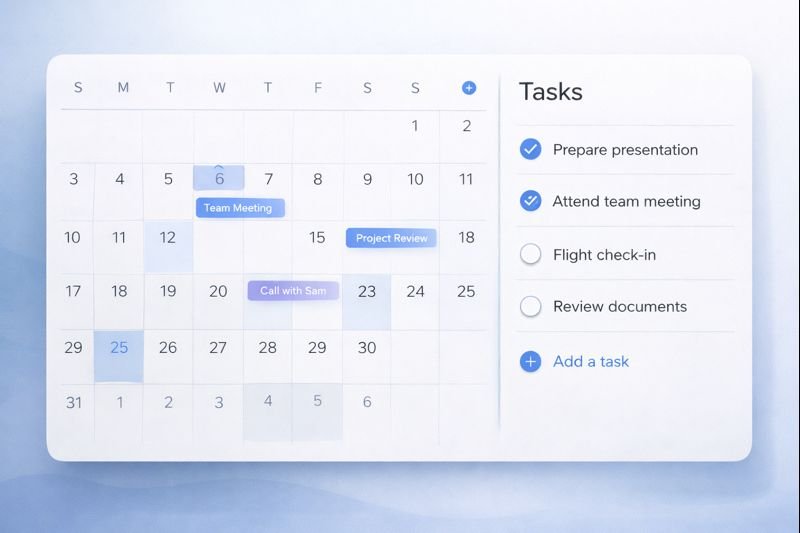 a unified view mixing a calendar grid with a short task list, peaceful blue and gray palette