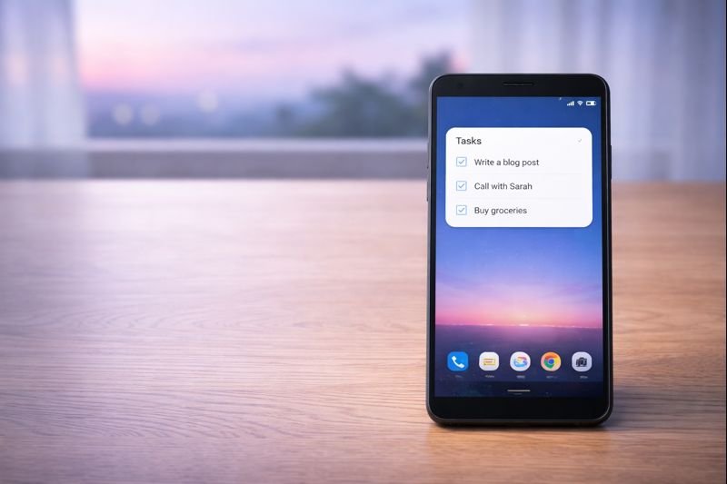 an Android home screen with a single understated tasks widget and lots of empty space