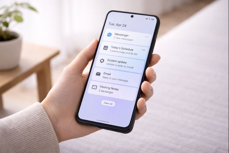 an Android phone showing a filtered notification screen with minimal icons